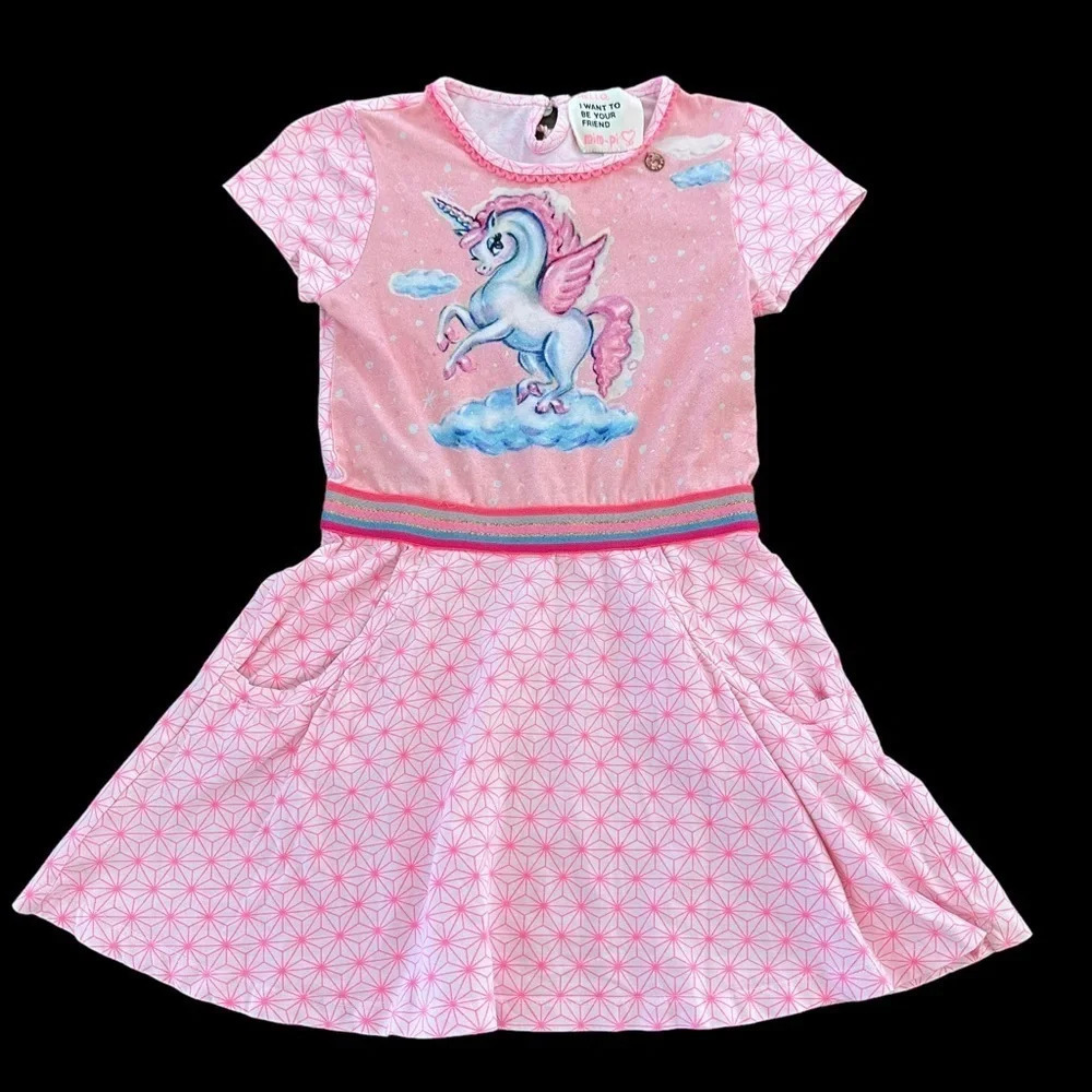 Boutique Mim Pi girls size‎ 8 Pink Airbrush Unicorn Graphic Knit Twirl Dress